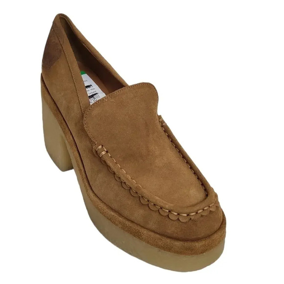 MARC FISHER LINA SUEDE HEELED LOAFERS MEDIUM BROWN - Picture 1 of 12